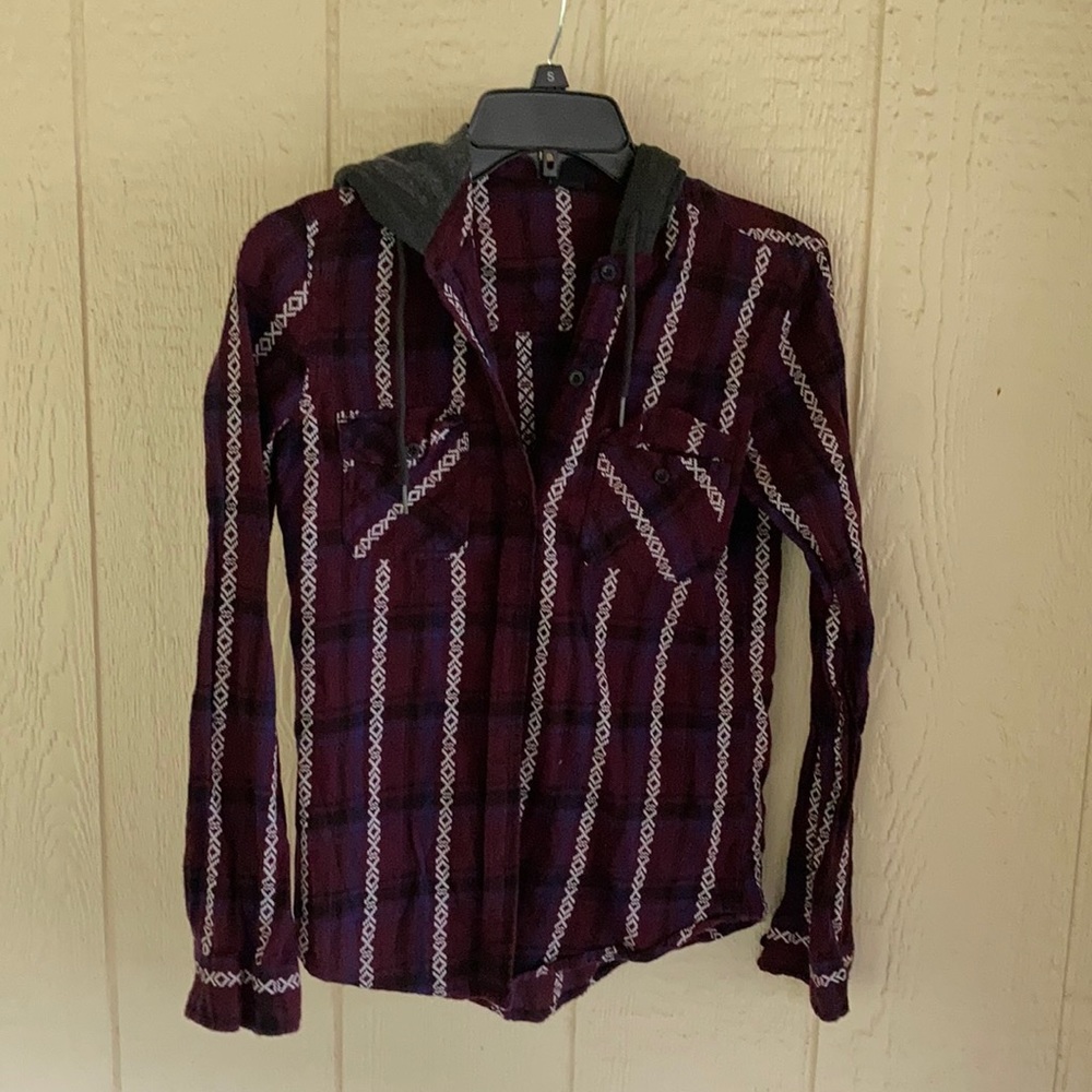 Button up flannel with drawstring hood